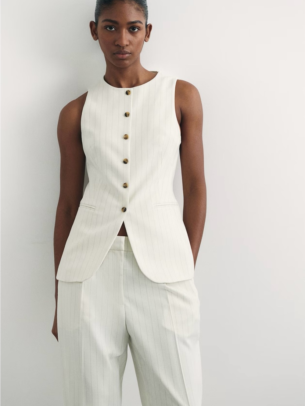 H&M Cream Ivory Pinstripe Button Front Vest Blazer